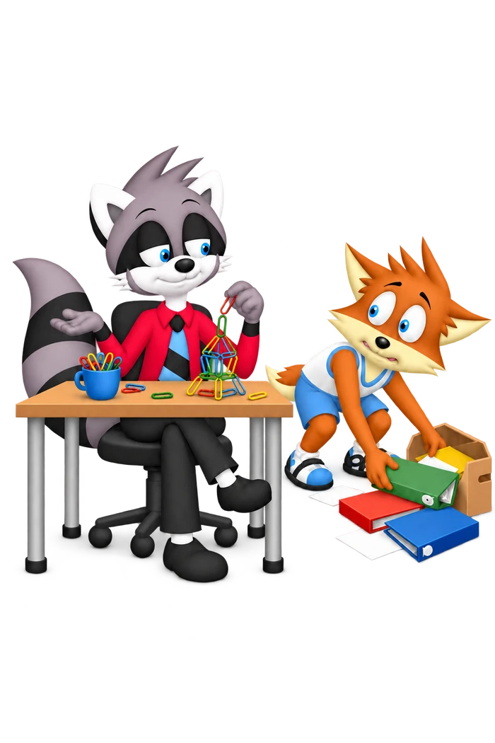 A grey raccoon attends to a paperclip sculpture while an orange colleague gathers fallen files.