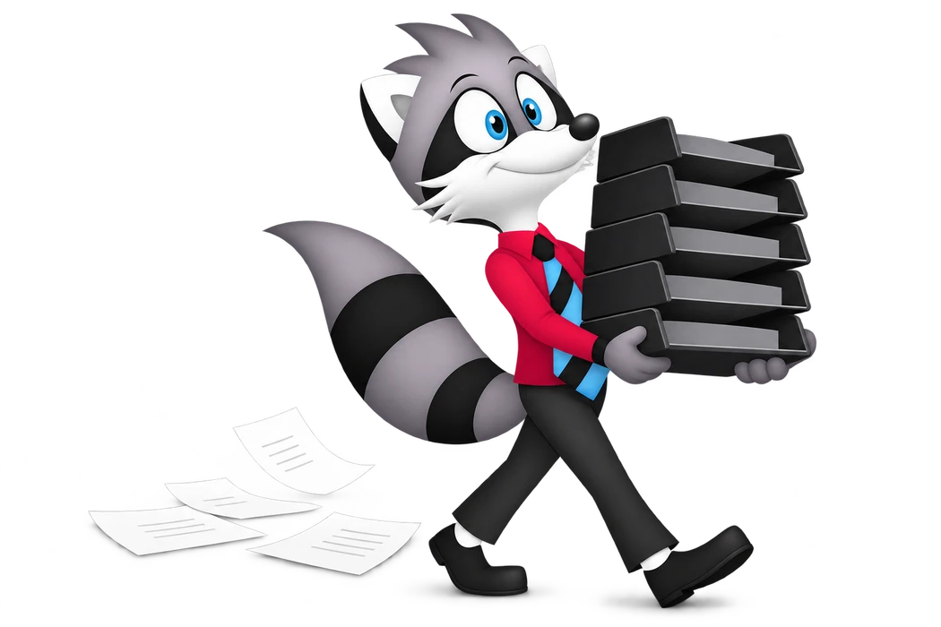 A grey raccoon carries a tower of empty paper trays while loose papers lie behind him.