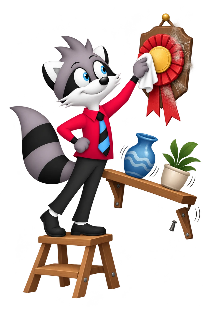 A grey raccoon polishes an old rosette above a shelf coming loose from its bracket.
