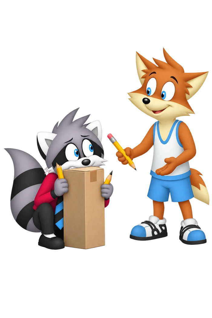 A grey raccoon hides behind a small parcel with a broken pencil while an orange colleague offers a replacement.