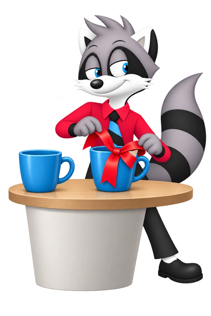 A grey raccoon ties a large red bow at a chipped cup rim; a small edge of the chip remains visible beside the bow.