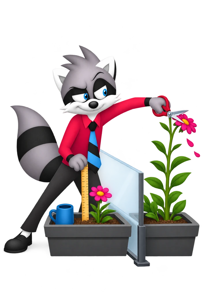 A grey raccoon reaches across a divider to cut the taller neighboring flower while comparing it with his own plant.