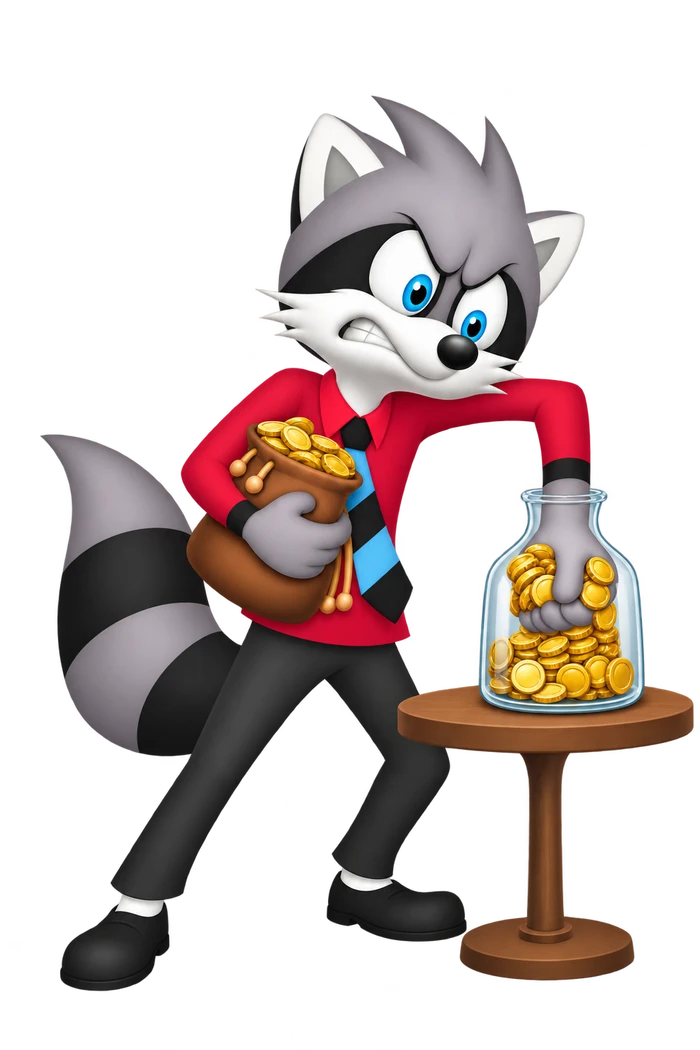A grey raccoon grips coins inside a narrow-necked glass jar while holding an already full pouch.