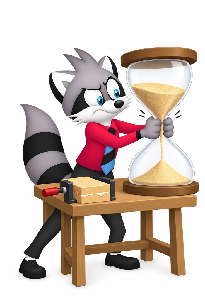 A grey raccoon squeezes an hourglass beside clamped wood waiting for glue to set.