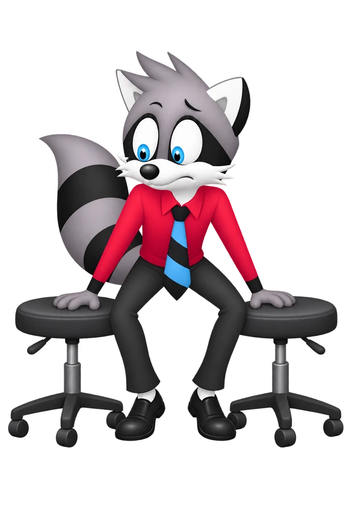 A grey raccoon hovers between two identical stools, keeping a hand on each seat.