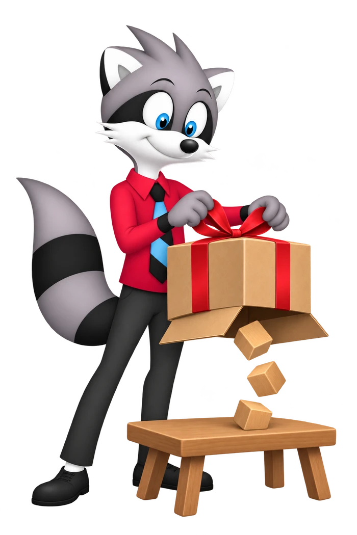 A grey raccoon ties a neat bow on a parcel while three blocks fall through its open bottom.