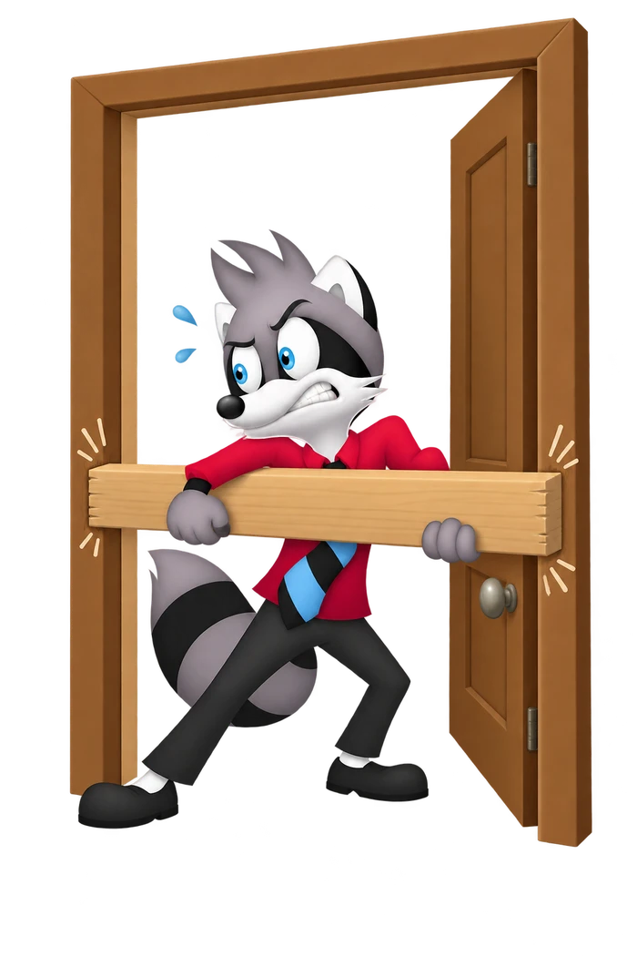 A grey raccoon holds a long beam horizontally against a doorway too narrow for that angle.