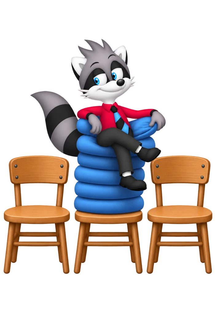 A grey raccoon sits on five blue cushions beside two bare wooden chairs.