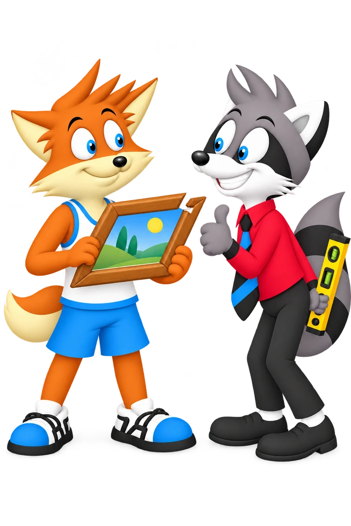 A grey raccoon gives a thumbs-up to an orange colleague’s misshapen frame while concealing a level.