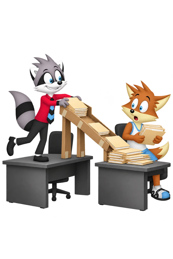 A grey raccoon sends folders down an elaborate chute onto an orange colleague’s crowded desk.