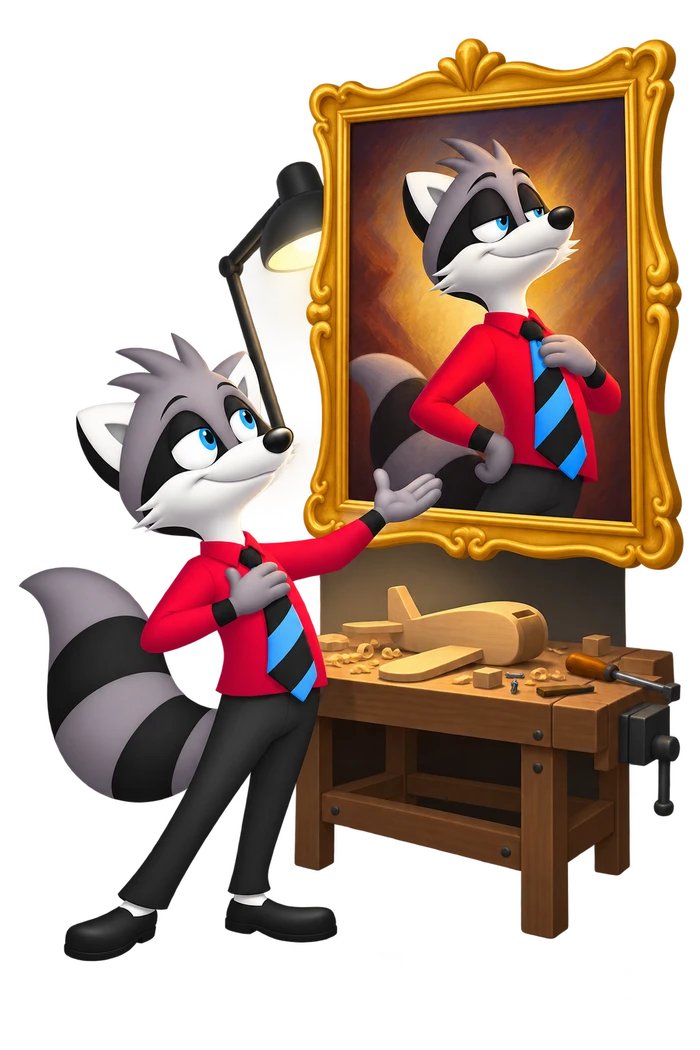 A grey raccoon admires a large self-portrait that blocks the lamp above unfinished work.