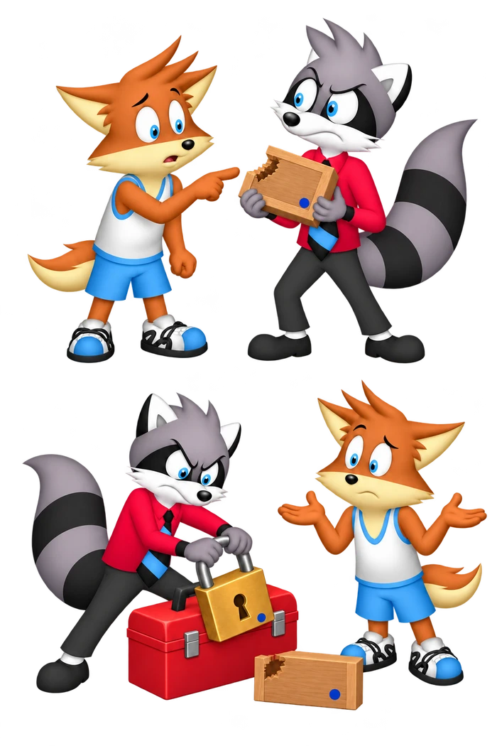 In two panels, an orange colleague points out a damaged plaque; the grey raccoon then locks the colleague’s toolbox while the flawed plaque remains nearby.