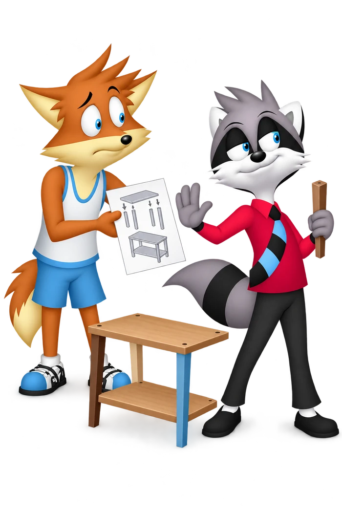 The grey character waves away an orange companion’s assembly diagram while holding a spare leg beside a crooked little shelf.