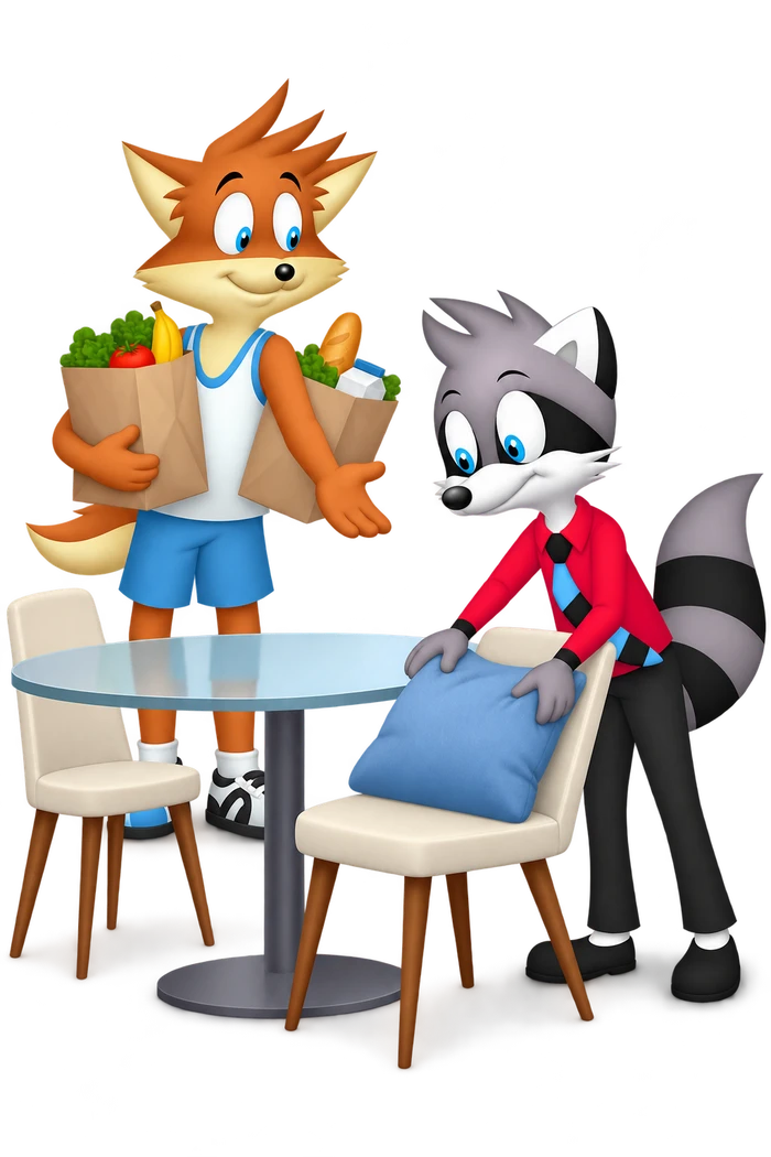 The grey character adjusts a cushion on an empty chair while an orange companion stands nearby holding two grocery bags.