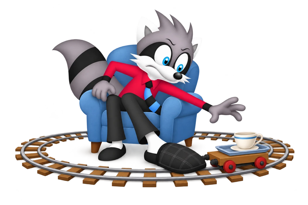 The grey character reaches from an armchair toward a tea wagon on a toy railway, with a large slipper resting across its track.
