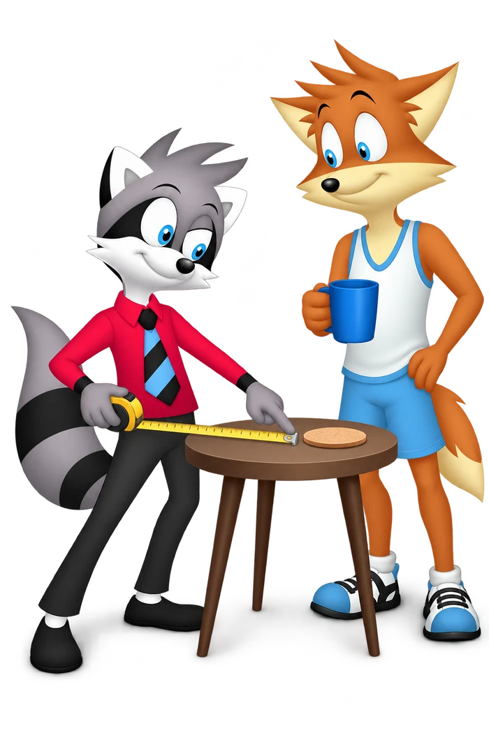 The grey character measures the position of a coaster while an orange companion stands beside the table holding a mug.