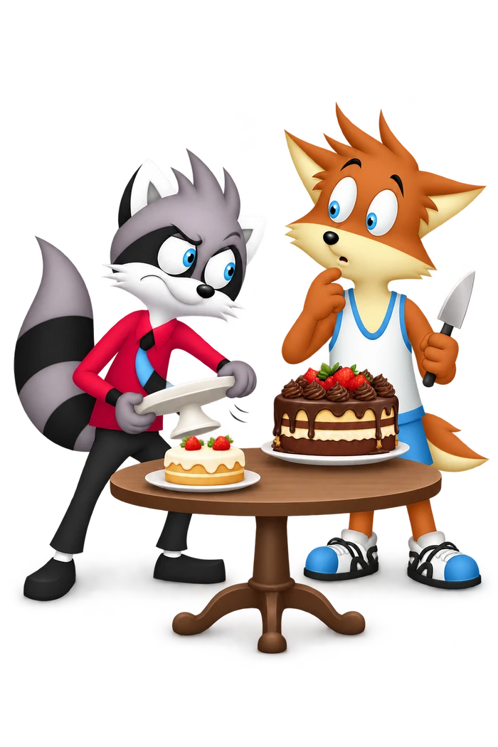 The grey character holds a removed cake stand beside a modest cake while an orange companion stands behind a taller cake.