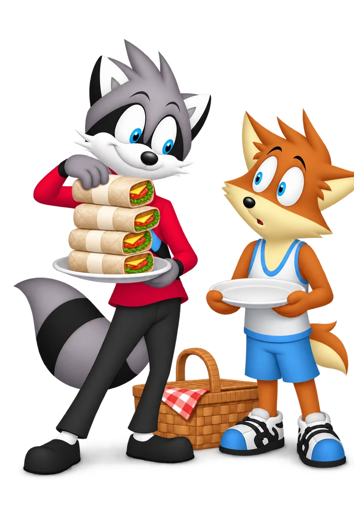 The grey character adds another wrap to a stack on his plate while an orange picnic companion holds an empty plate.