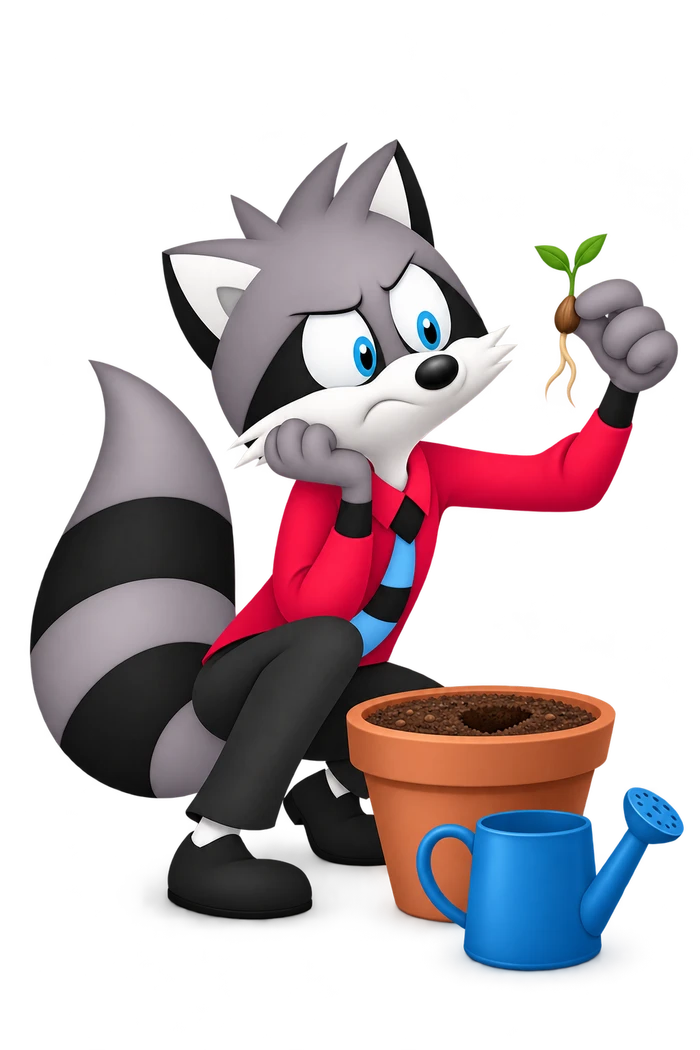 The grey character holds a tiny uprooted seedling above a pot of soil, with a watering can beside the pot.