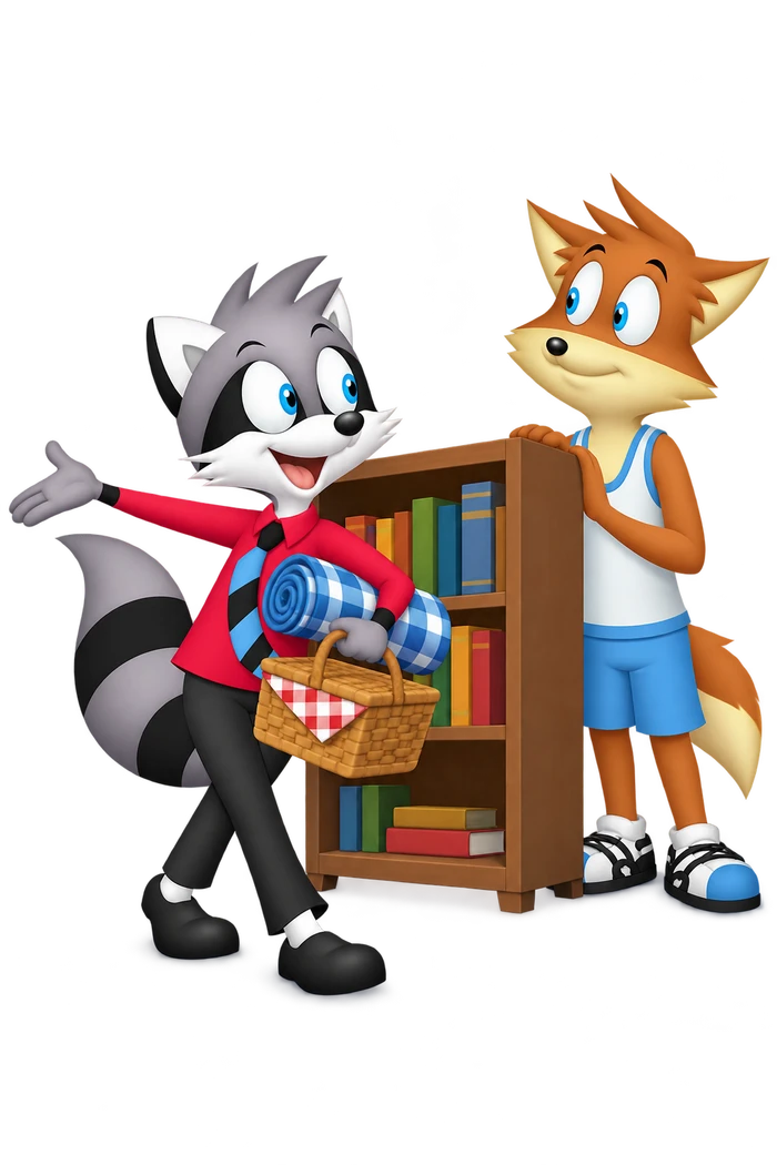 The grey character carries a picnic basket and blanket beside a bookcase where an orange companion is waiting.