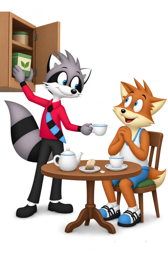 The grey character reaches toward a tea box in a cupboard while offering a cup to an orange visitor beside a used tea bag.