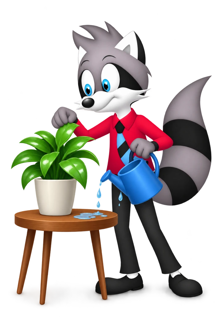 The grey character examines a plant while water from a tilted watering can spills onto the wooden table beside its pot.