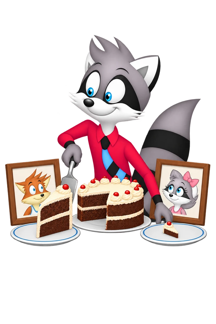 The grey character serves a large cake slice beside one framed portrait and a tiny slice beside another, on matching plates.