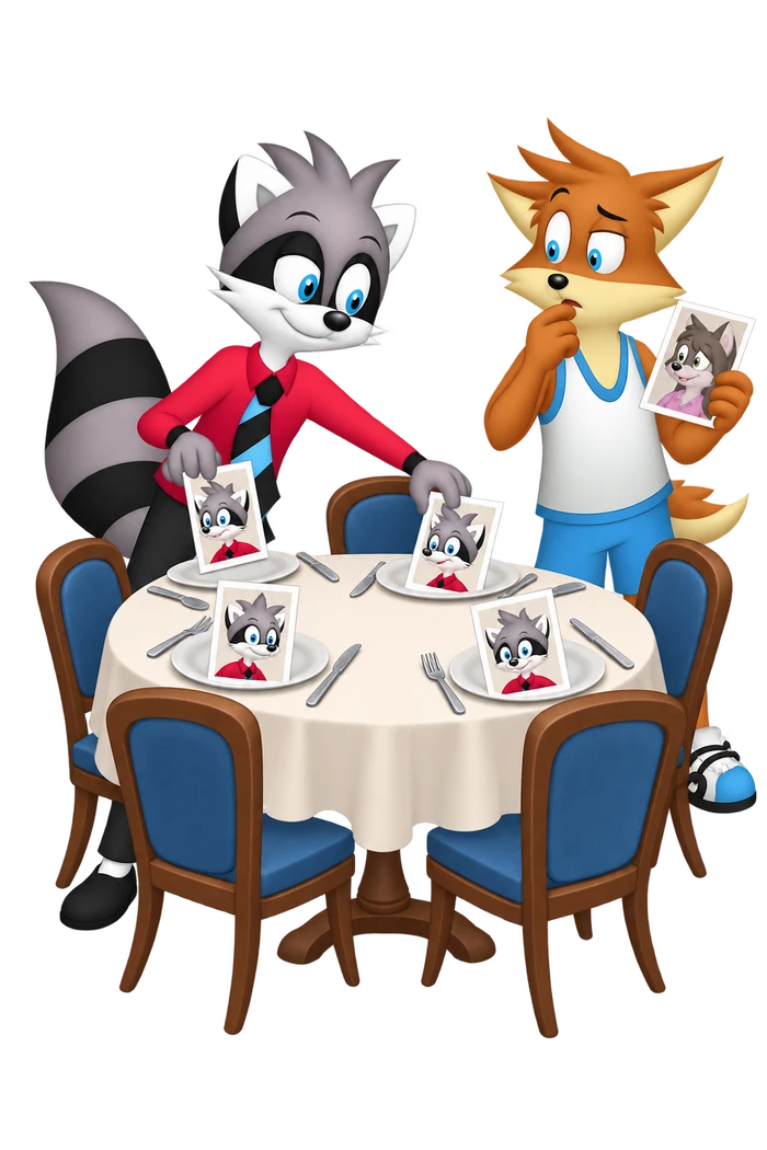 The grey character places portraits of himself at a dining table’s settings while an orange host holds a different guest’s portrait.