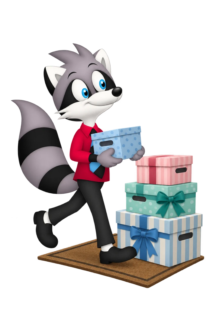 The grey character carries a new decorative box toward a stack of larger decorated storage boxes in a small hallway space.