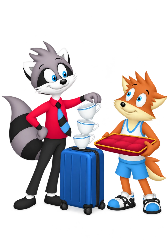 The grey character stands beside a wheeled suitcase with cups stacked on top while an orange companion offers a padded tray.