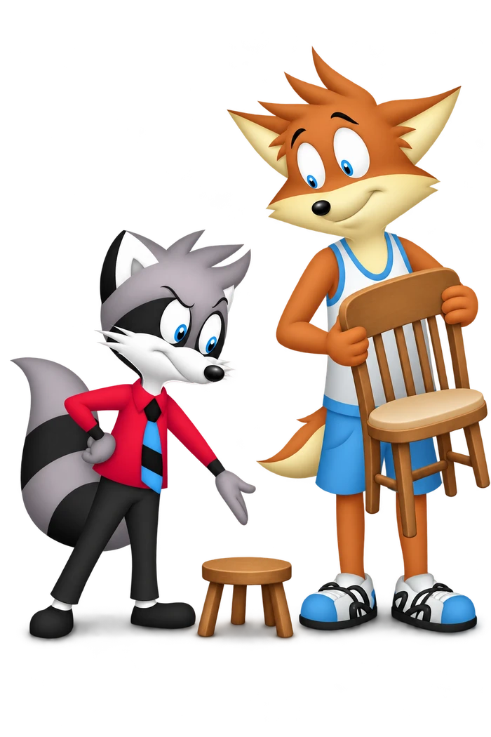 The grey character points to a very small stool while a taller orange visitor holds a full-sized chair beside it.