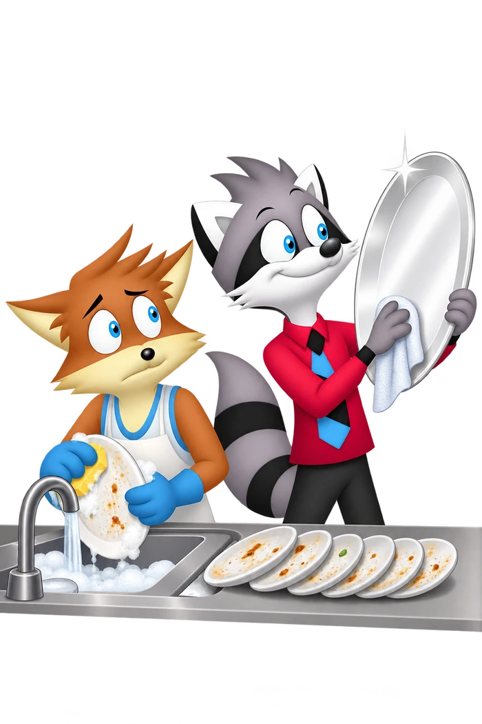 The grey character polishes one gleaming platter while an orange companion washes a row of used dinner plates.