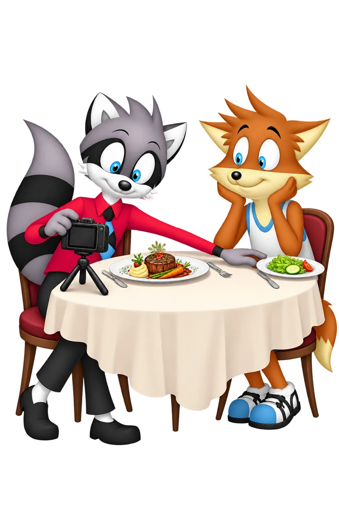 The grey character adjusts a camera beside a large dinner plate and reaches toward an orange guest’s smaller plate at the table’s edge.