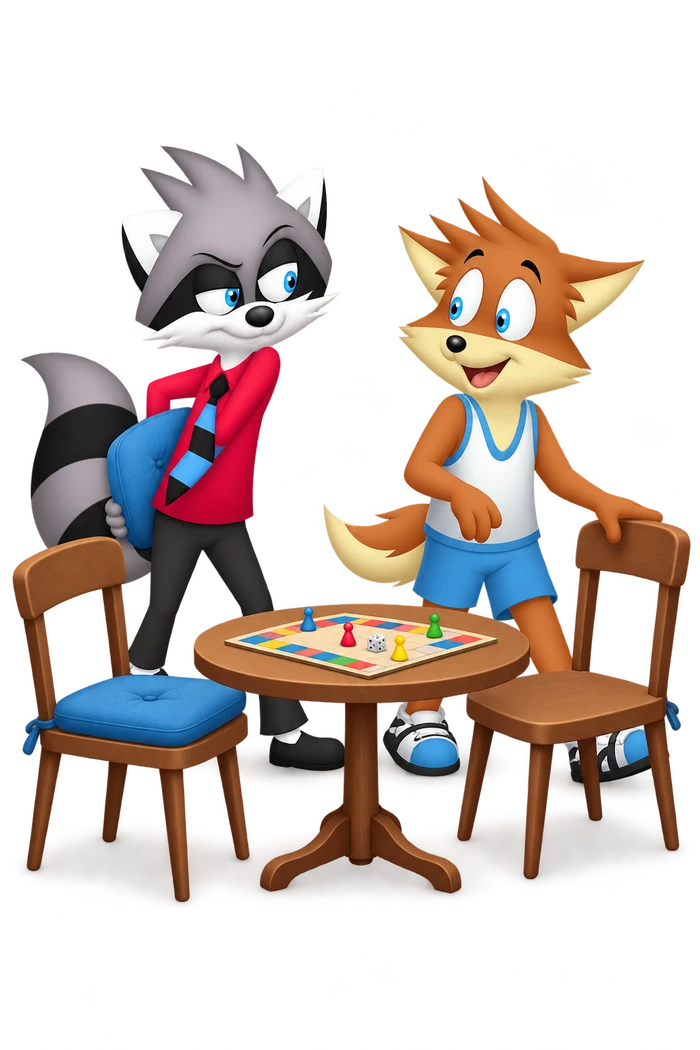 The grey character hides a blue cushion behind his back as an orange companion points toward a bare chair at a game table.
