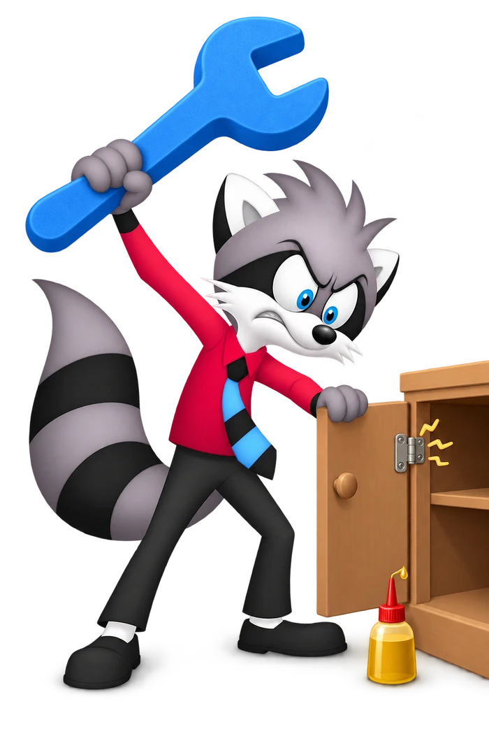The grey character raises an oversized blue spanner beside a small cupboard hinge; an oil bottle stands near the door.