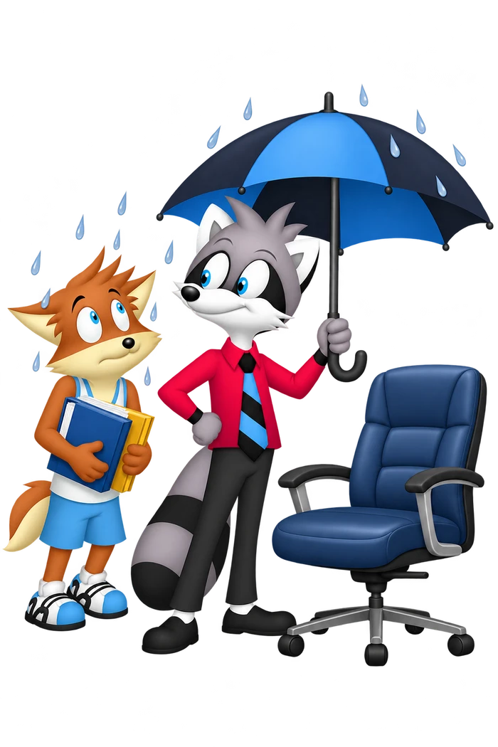 A grey raccoon shelters himself and an empty upholstered chair with an umbrella while an orange colleague waits outside with work folders in light rain.