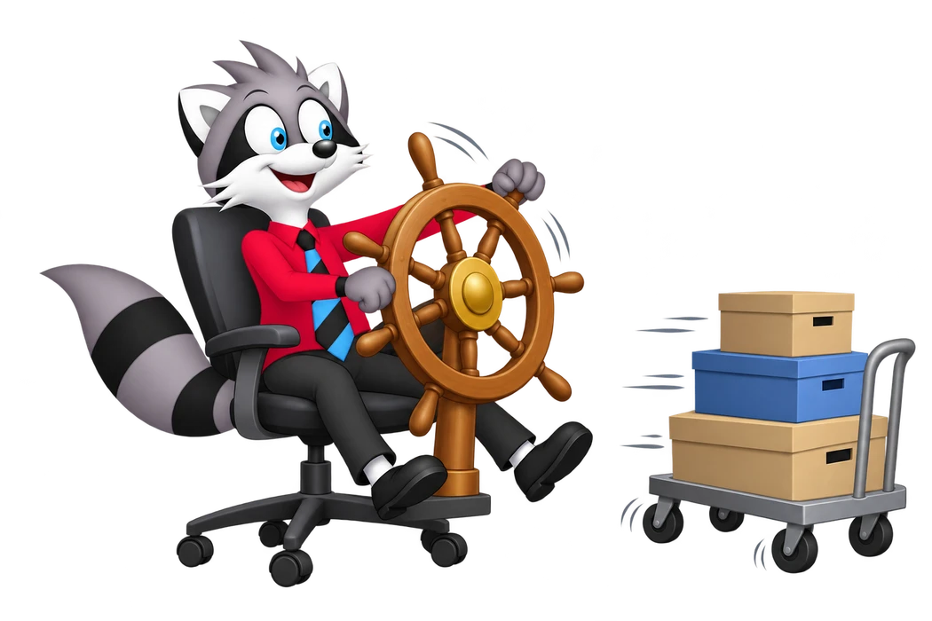 A grey raccoon turns a ship-style wheel attached to his office chair while an unconnected trolley of work boxes rolls away.