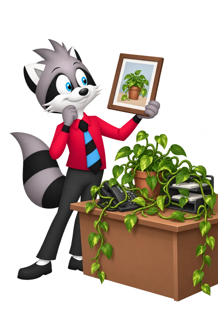 A grey raccoon admires an old photograph of a tidy potted plant while the actual vine has grown around the desk phone and in-tray.