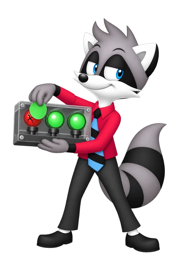 A grey raccoon covers a cracked red warning bulb with a green sticker beside two sound green lights.