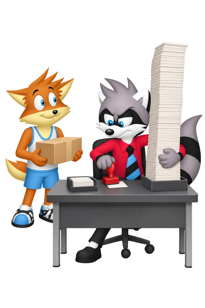 A grey raccoon guards an approval stamp behind a tall pile of dispatch cards while an orange colleague waits with a ready parcel.