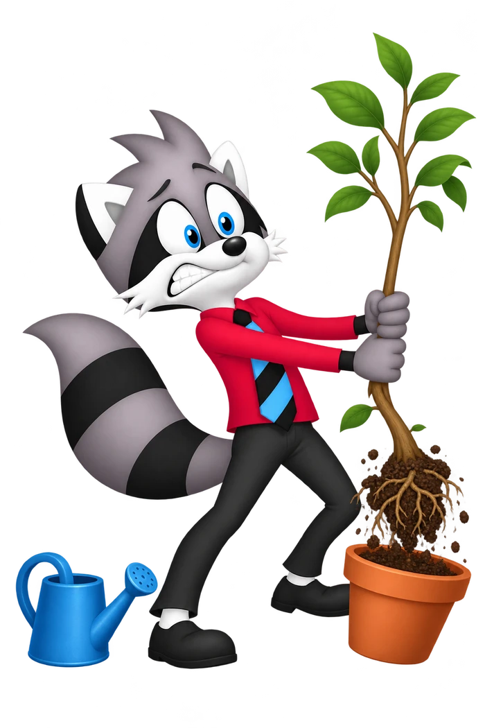 A grey raccoon pulls a sapling upward out of its pot, lifting its roots from the soil while a watering can stands unused.