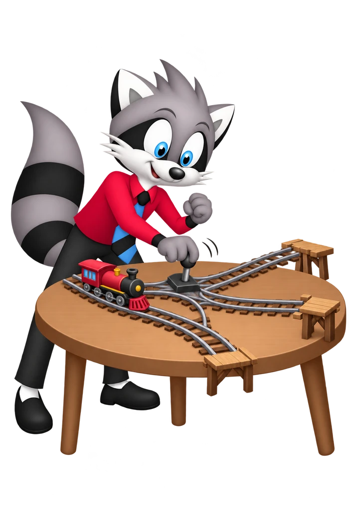 A grey raccoon changes a tabletop railway junction between three short unfinished branches while the train waits near the points.