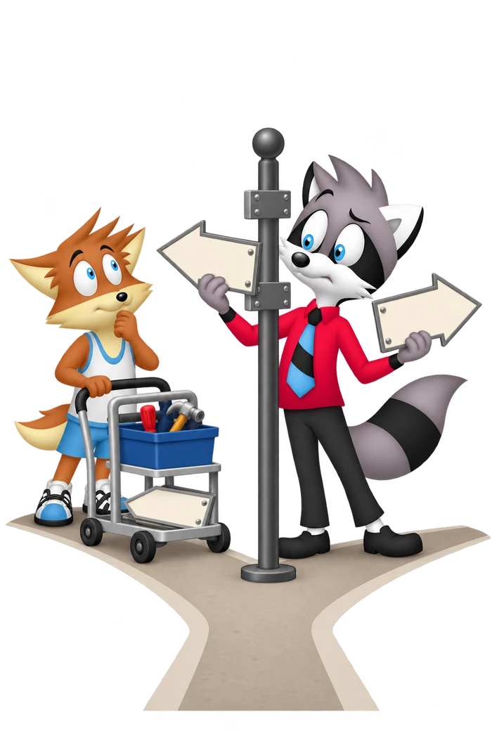 A grey raccoon holds two direction arrows at a fork while an orange colleague waits with a work trolley.