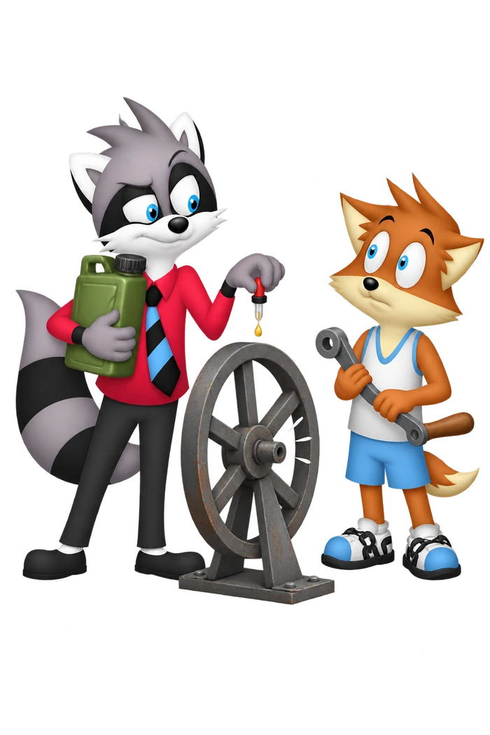 A grey raccoon hugs a full oil can and rations a single drop over a wheel while an orange colleague waits with its disconnected crank.