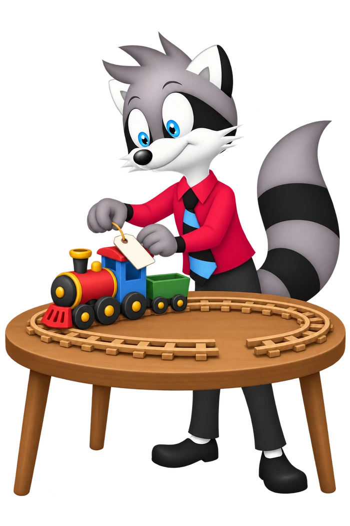 A grey raccoon attaches an inspection tag to a toy train while a section of the circular track is missing.