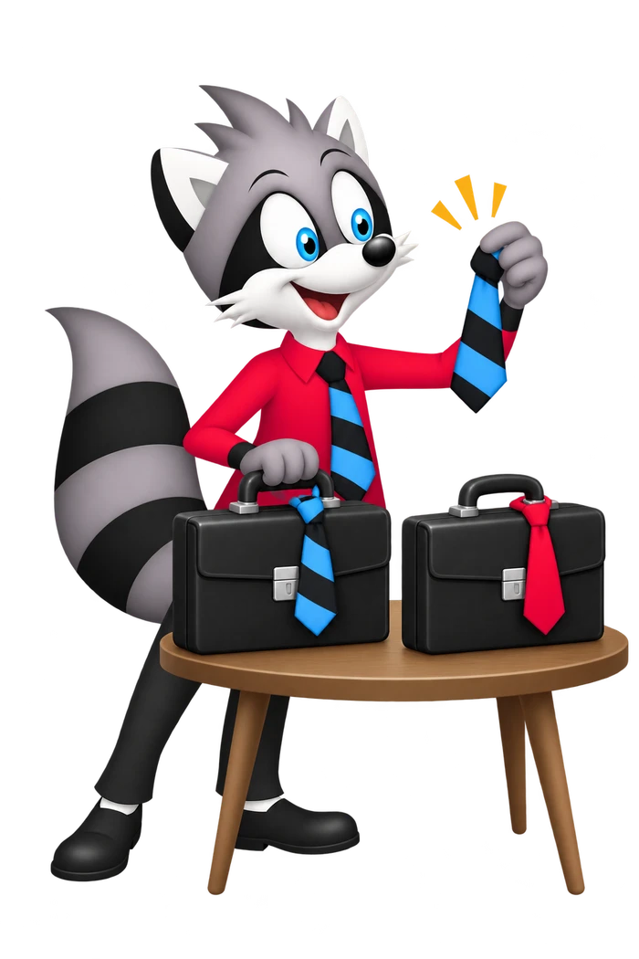 A grey raccoon chooses between two closed briefcases by matching one case’s necktie with his own blue-and-black tie.