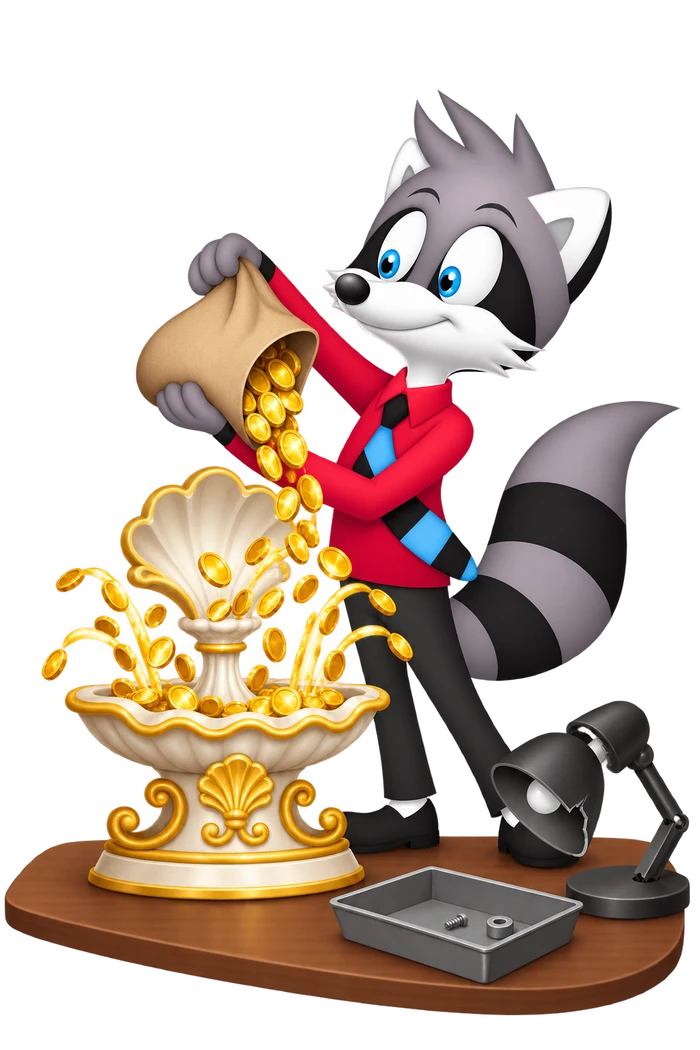 A grey raccoon pours coins into an ornate shell fountain while a broken plain desk lamp and repair tray wait beside it.