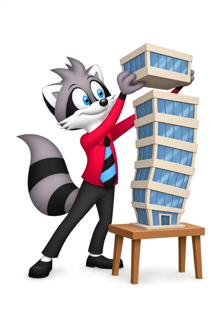 A grey raccoon adds an oversized upper story to a small model office building whose narrow lower structure bends beneath it.