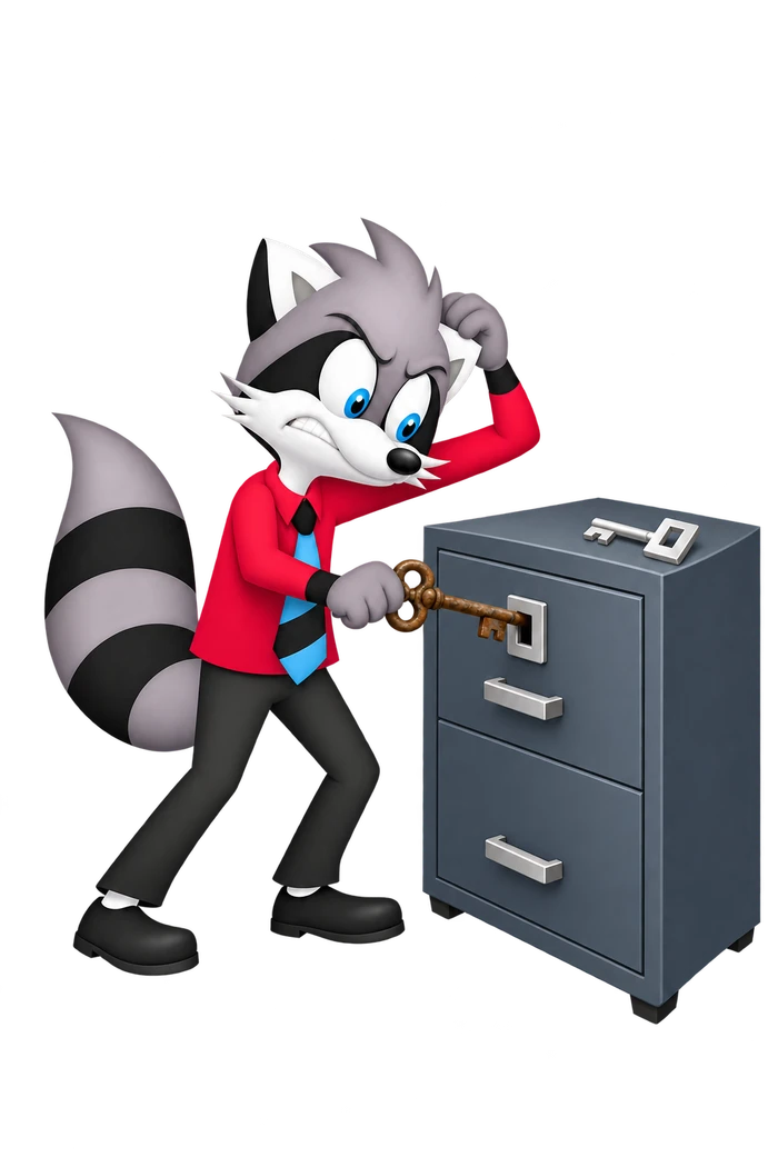 A grey raccoon tries an old rusty key in a square cabinet lock while the matching new square-headed key lies unused on top.