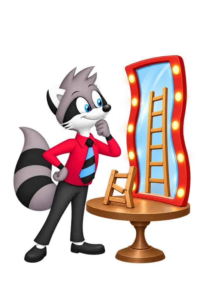 A grey raccoon admires a tall straight ladder reflected in a curved mirror; the actual small ladder has an uneven side and a broken, slanting rung.